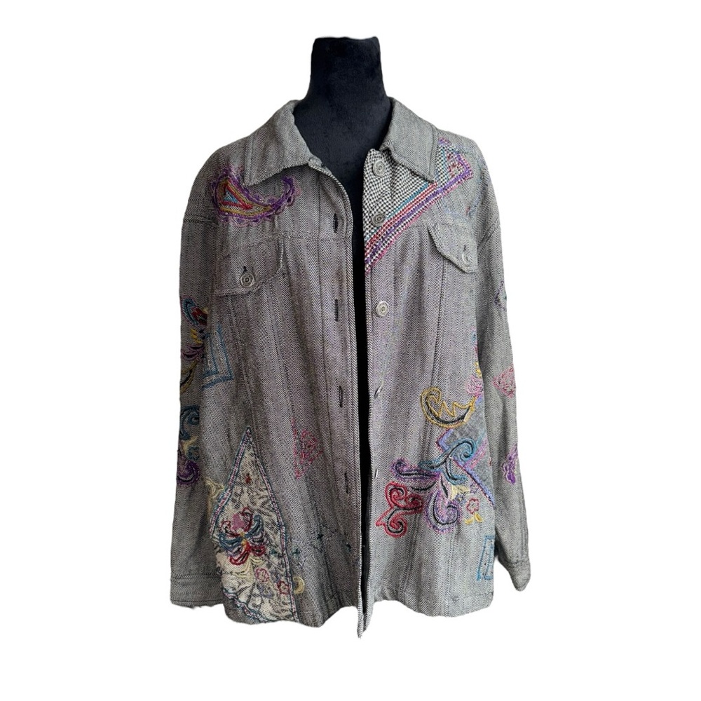 VTG 80s Geometric Embroidered black/white/multicolored boho retro Jacket‎ Sz 1X
